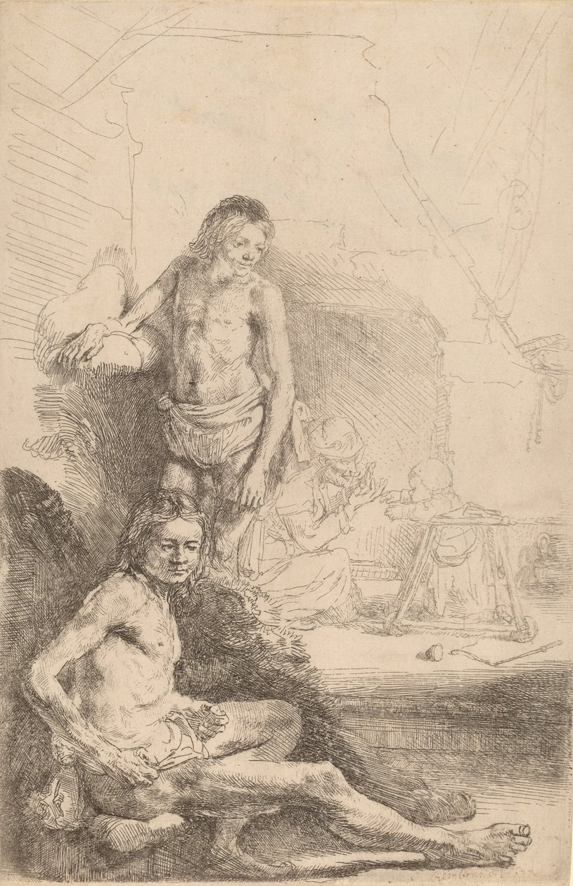 Nahý muž sedící a nahý muž stojící, se ženou a dítětem v pozadí, c. 1646. od Rembrandt van Rijn