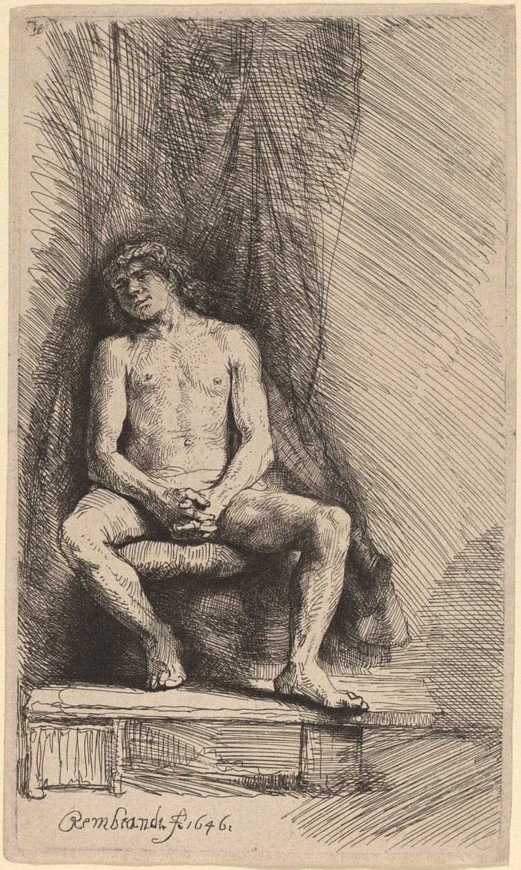 Nahý muž sedící před oponou od Rembrandt van Rijn