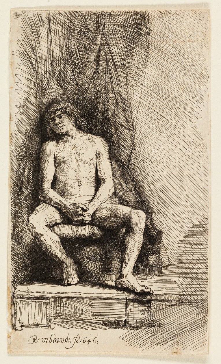 Nahý muž sedící před oponou od Rembrandt van Rijn