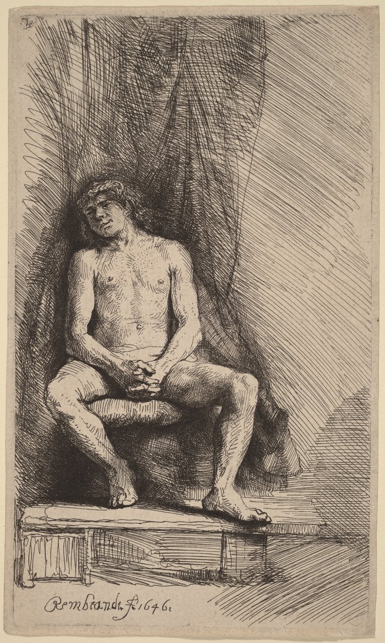 Nahý muž sedící před závěsem od Rembrandt van Rijn