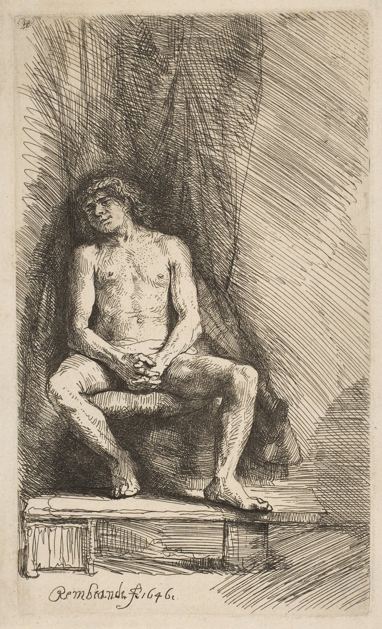 Nahý muž sedící před oponou, 1646. od Rembrandt van Rijn
