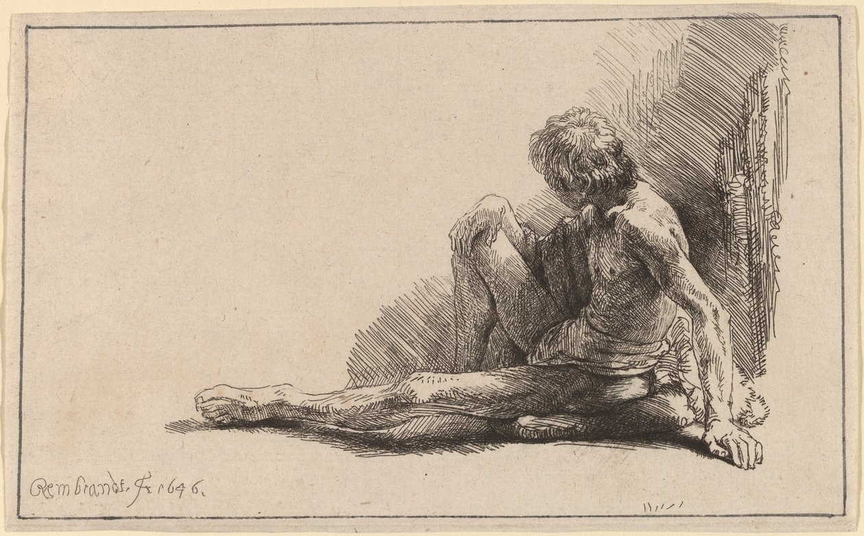 Nahý muž sedící na zemi s jednou nohou prodlouženou od Rembrandt van Rijn