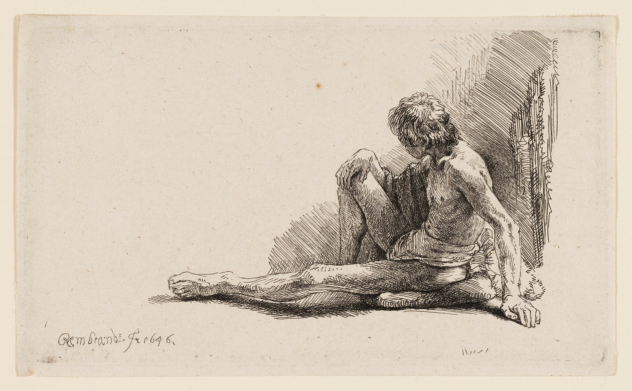 Nahý muž sedící na zemi s jednou nohou prodlouženou od Rembrandt van Rijn