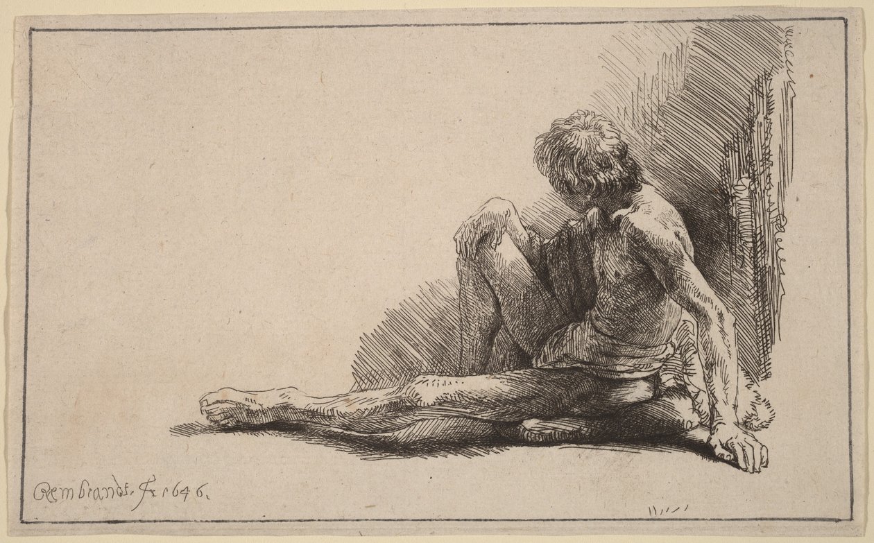 Nahý muž sedící na zemi s jednou nohou nataženou od Rembrandt van Rijn