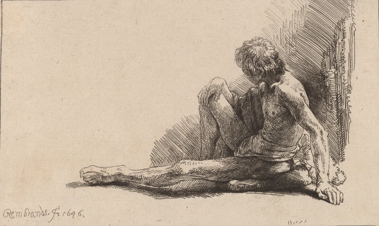 Nahý muž sedící na zemi s jednou nohou prodlouženou, 1646. od Rembrandt van Rijn