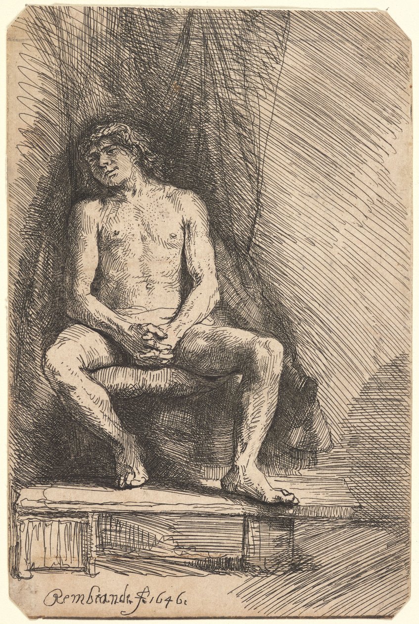Nahý muž sedící před závěsem (BB.46-Bi) od Rembrandt van Rijn