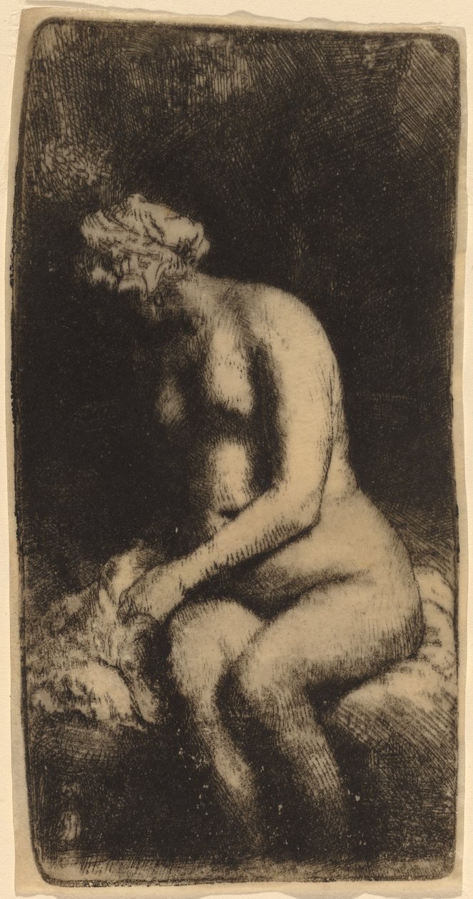 Akt sedící na lavičce s polštářem (žena si koupe nohy u potoka) od Rembrandt van Rijn