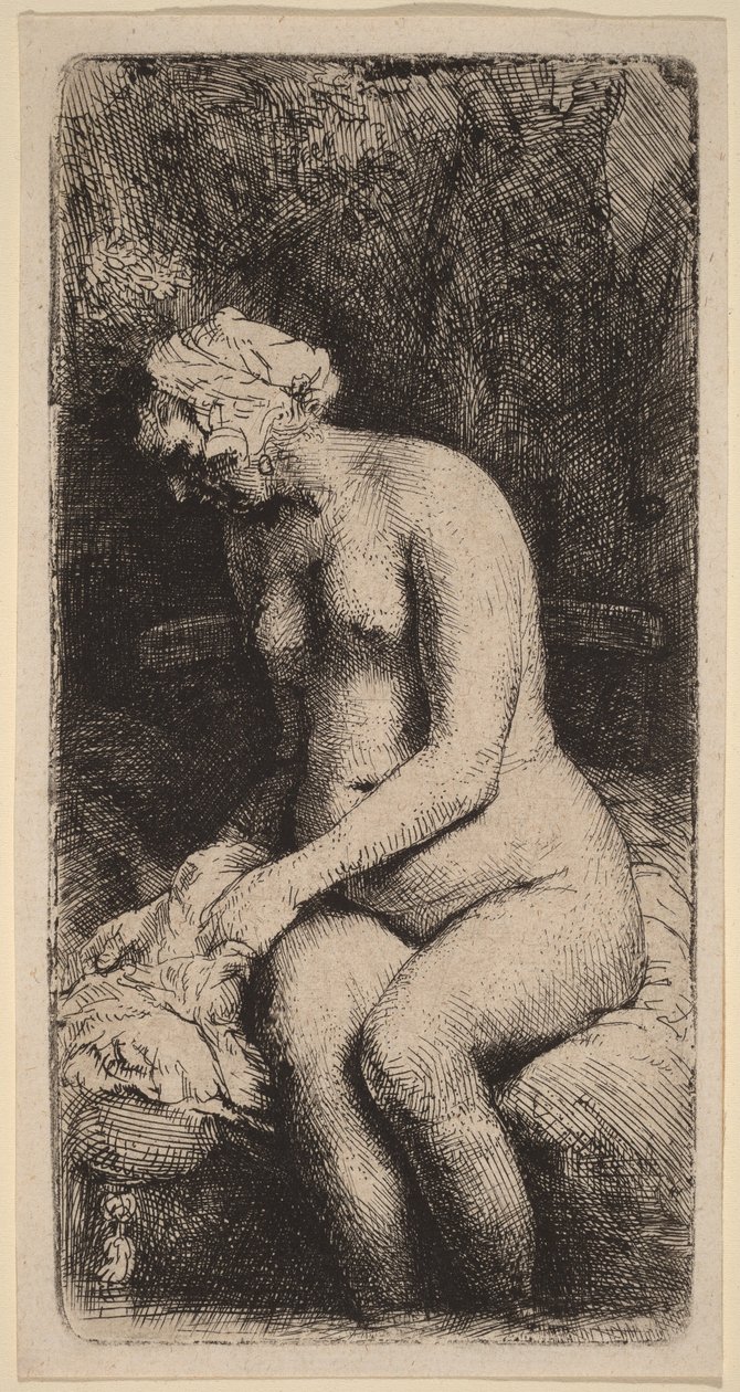 Akt sedící na lavičce s polštářem (žena si myje nohy u potoka) od Rembrandt van Rijn