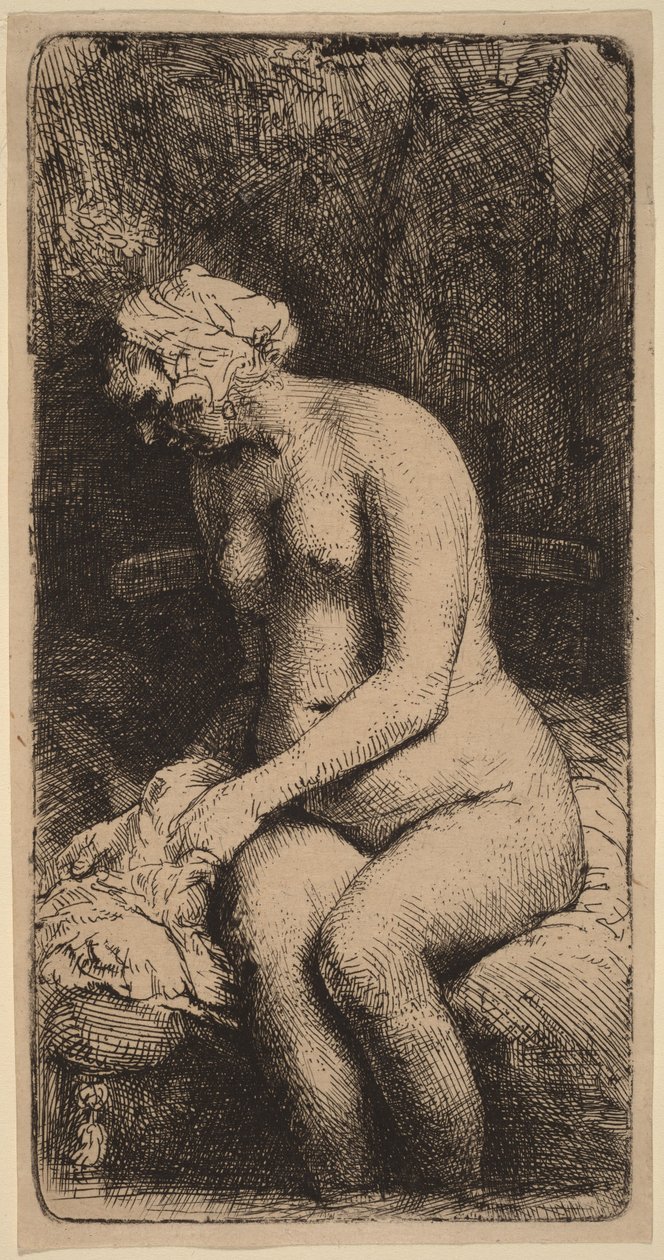 Akt sedící na lavičce s polštářem (žena si myje nohy u potoka) od Rembrandt van Rijn