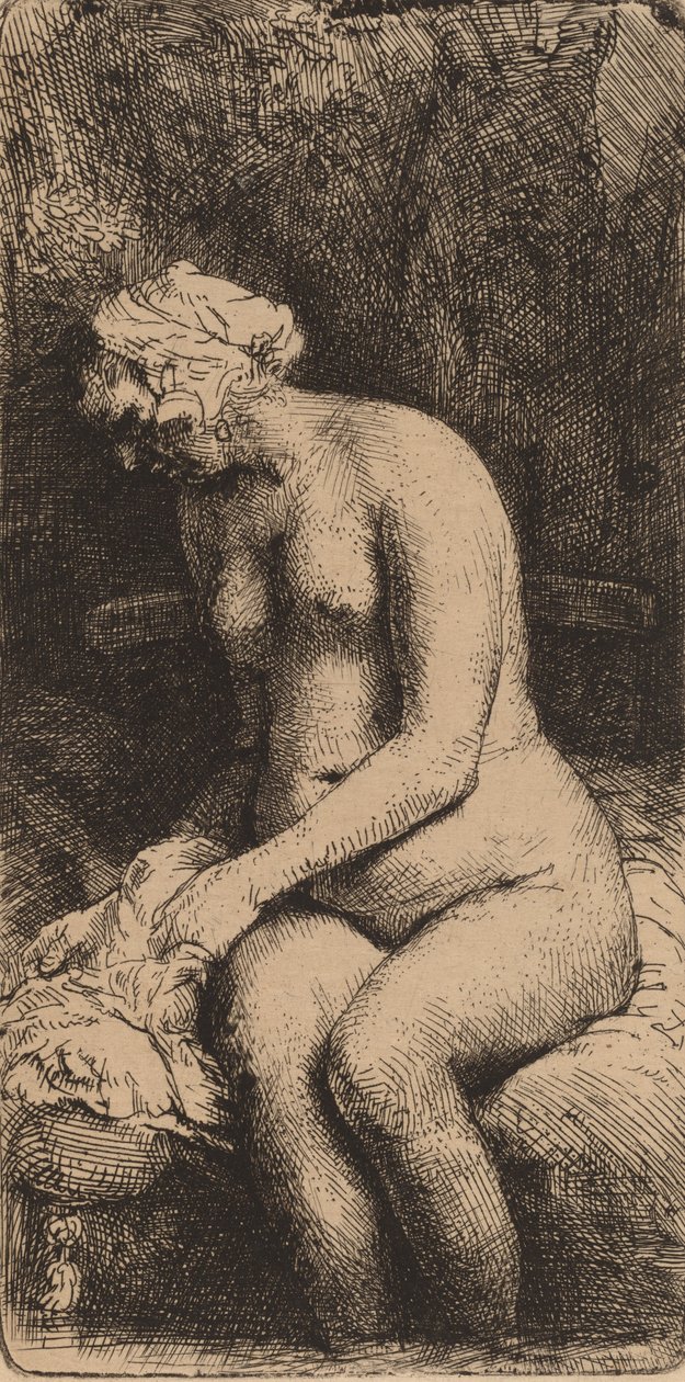 Nahá žena sedící na lavičce s polštářem, koupající si nohy u potoka, 1658. od Rembrandt van Rijn