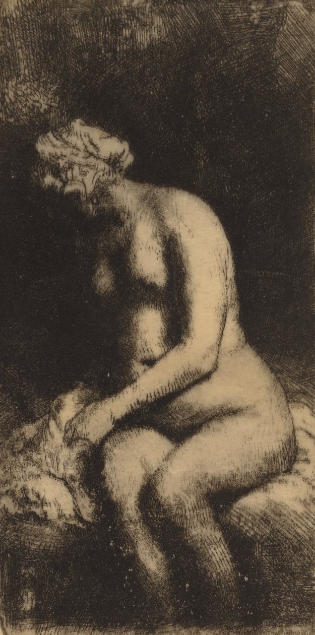 Nahá žena sedící na lavičce s polštářem, koupající si nohy u potoka, 1658. od Rembrandt van Rijn