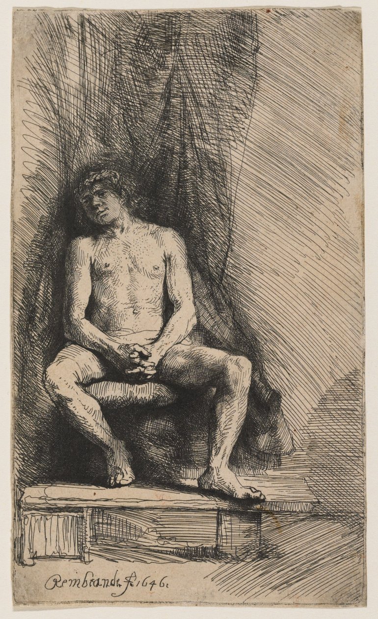 Nahý mladík sedící před oponou od Rembrandt van Rijn