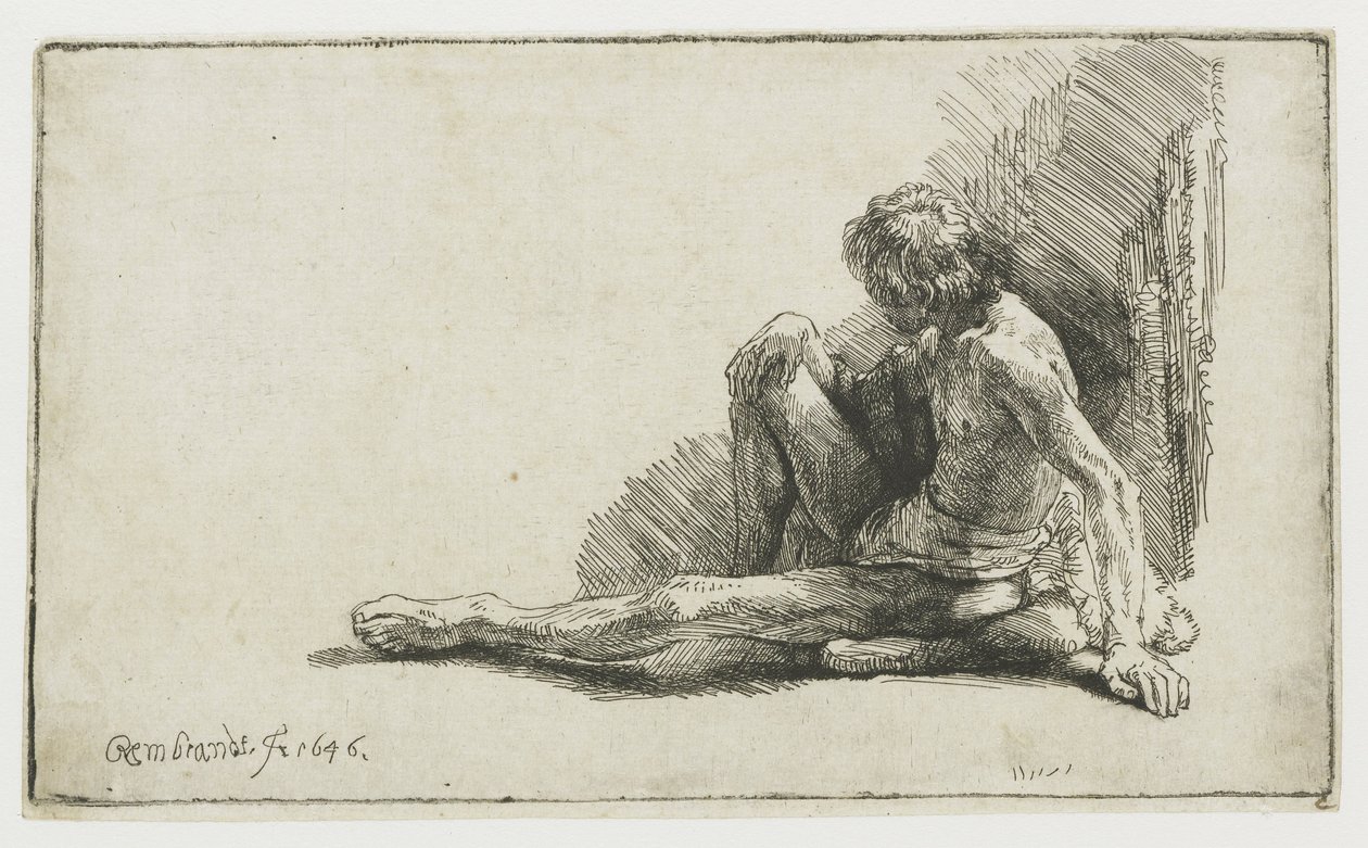 Nahý muž sedí na zemi s jednou nohou nataženou od Rembrandt van Rijn