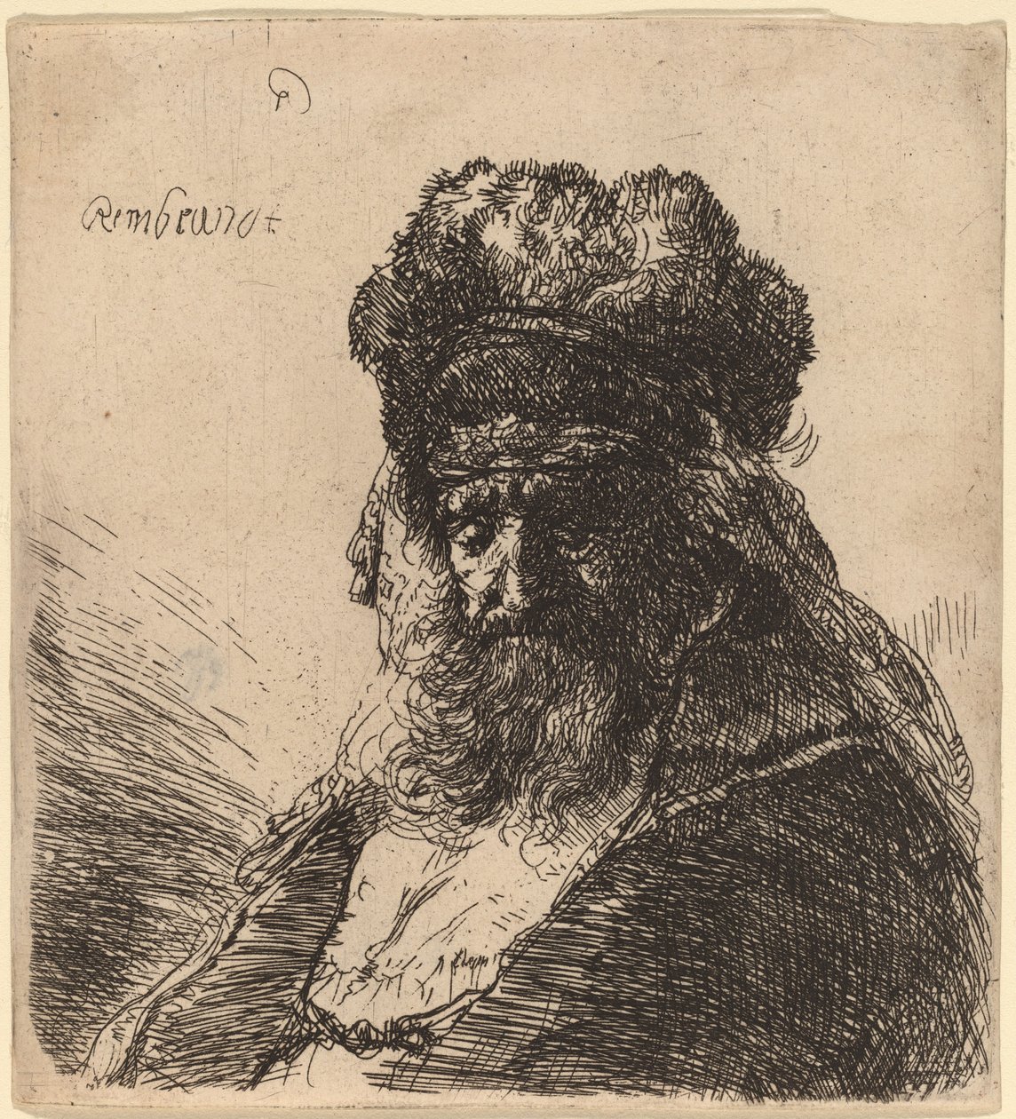 Starý vousatý muž ve vysoké kožešinové čepici se zavřenýma očima od Rembrandt van Rijn