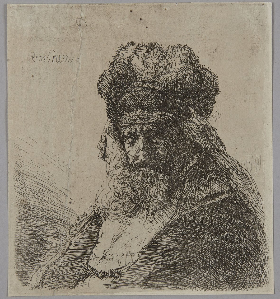 Starý vousatý muž v vysoké kožešinové čepici se zavřenýma očima od Rembrandt van Rijn