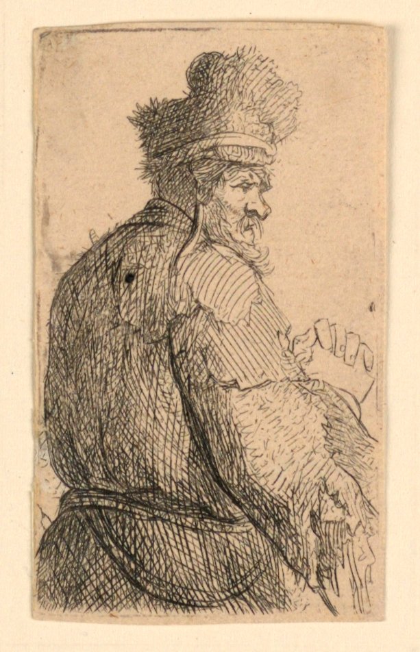 Starý muž při pohledu zezadu, profil vpravo: poloviční postava od Rembrandt van Rijn