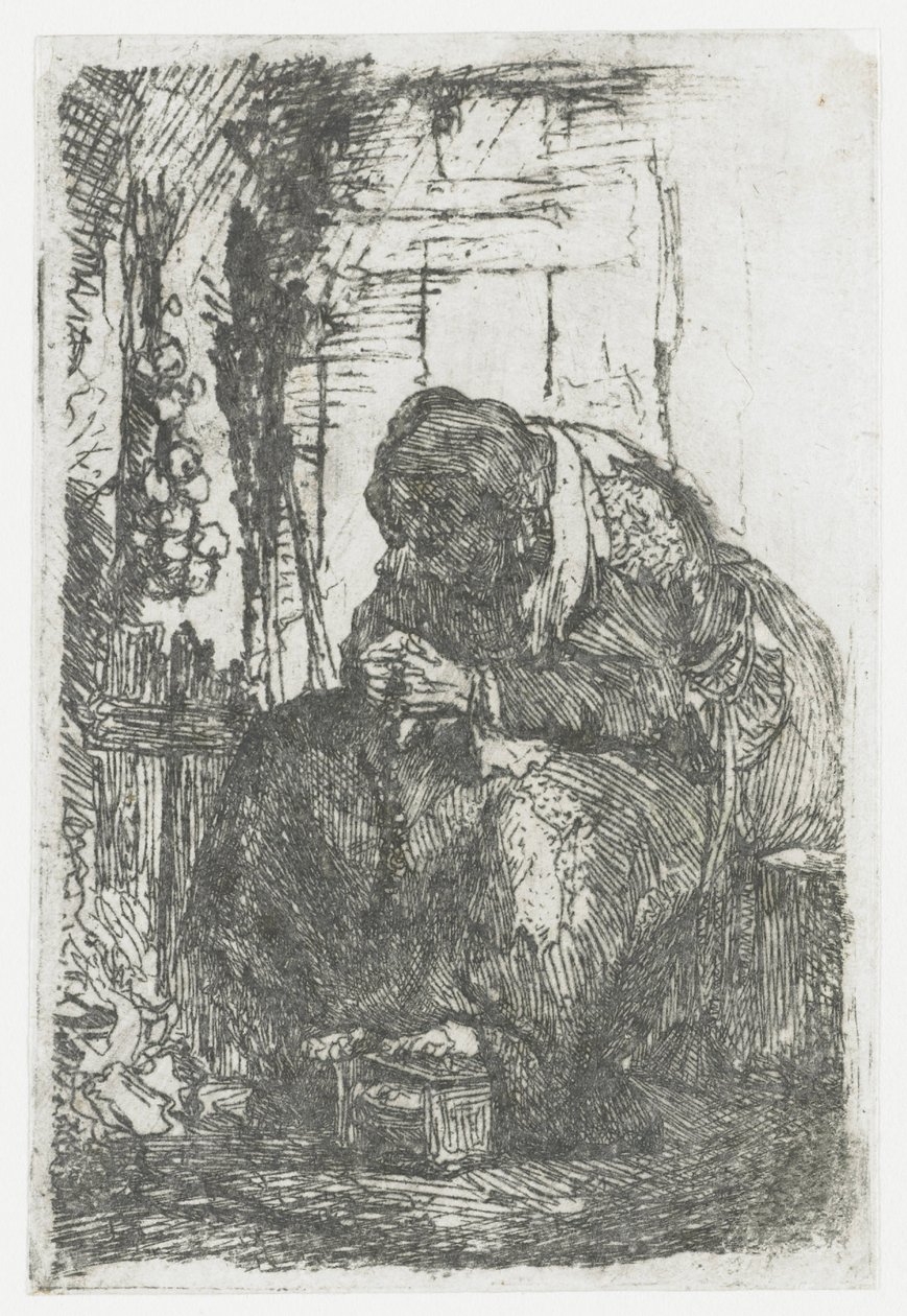 Stařenka s cibulí, sedící v chatrči od Rembrandt van Rijn