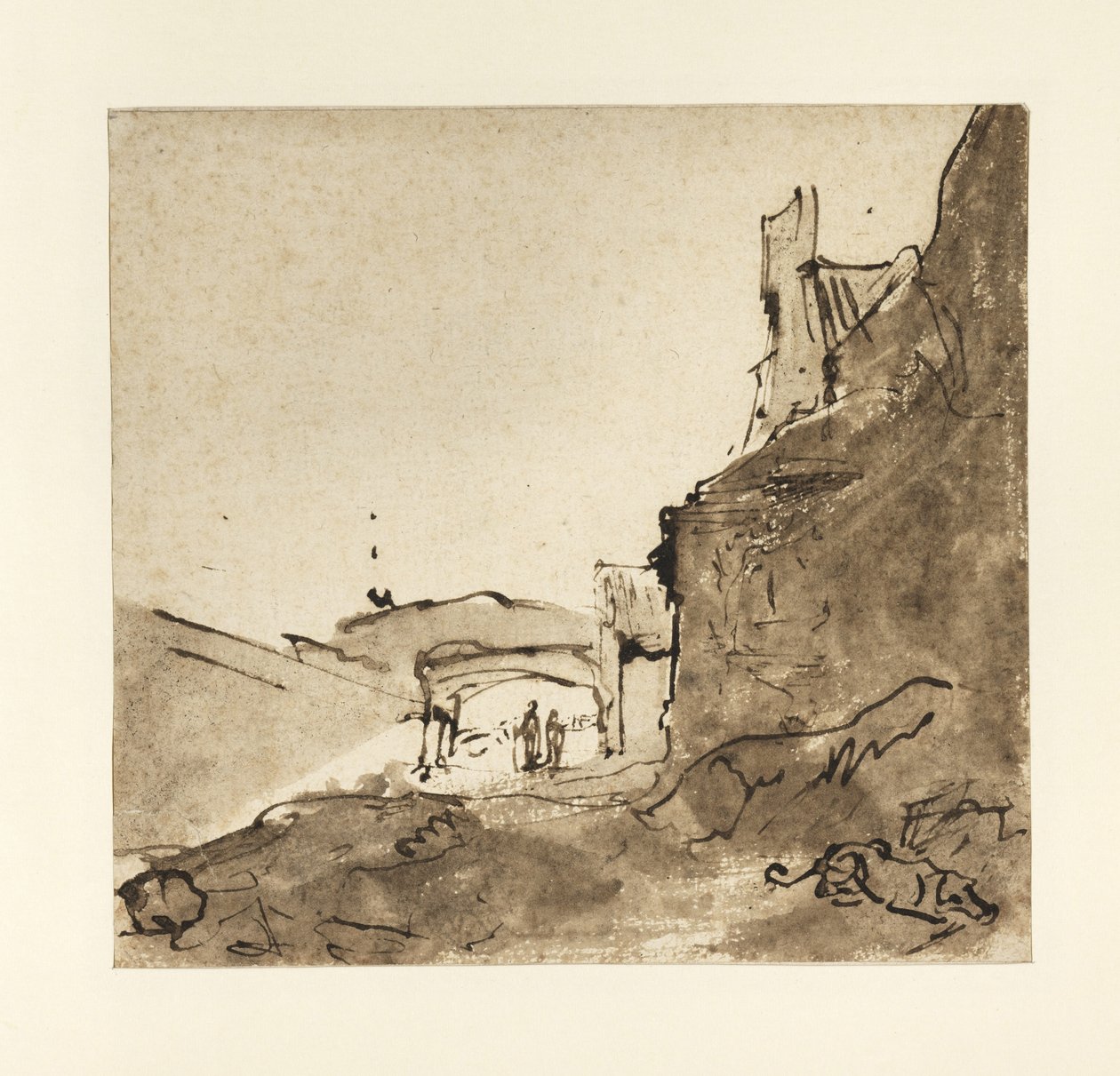 Předměstí města s hradbami a dveřmi, kolem 1627-28 (indický inkoust s mytím na papíře) od Rembrandt van Rijn