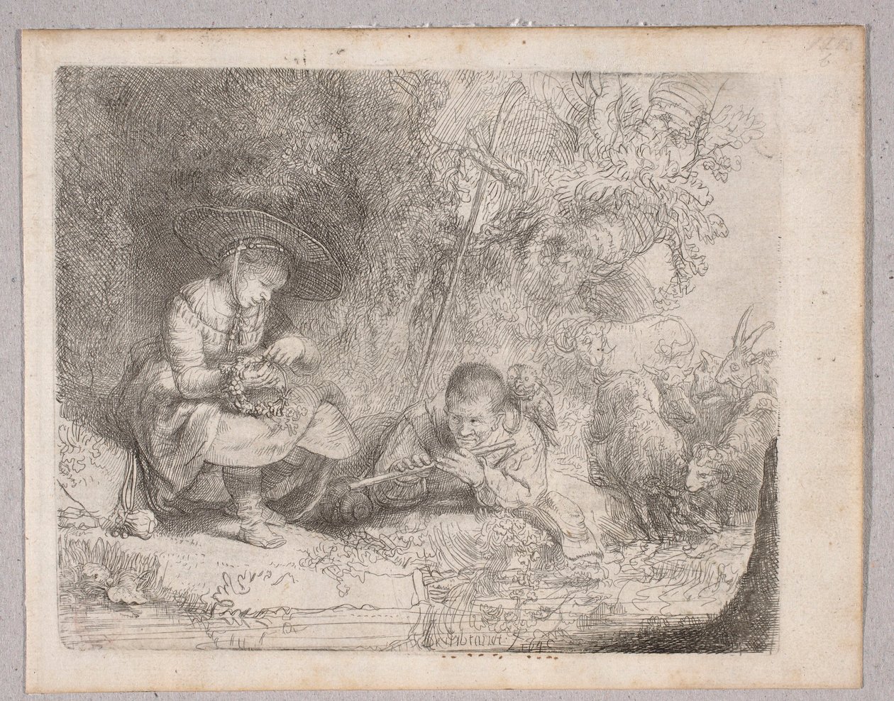 Pastýř hrající na flétnu (Pohled na Omval s pastýřkou a hrajícím na flétnu) od Rembrandt van Rijn