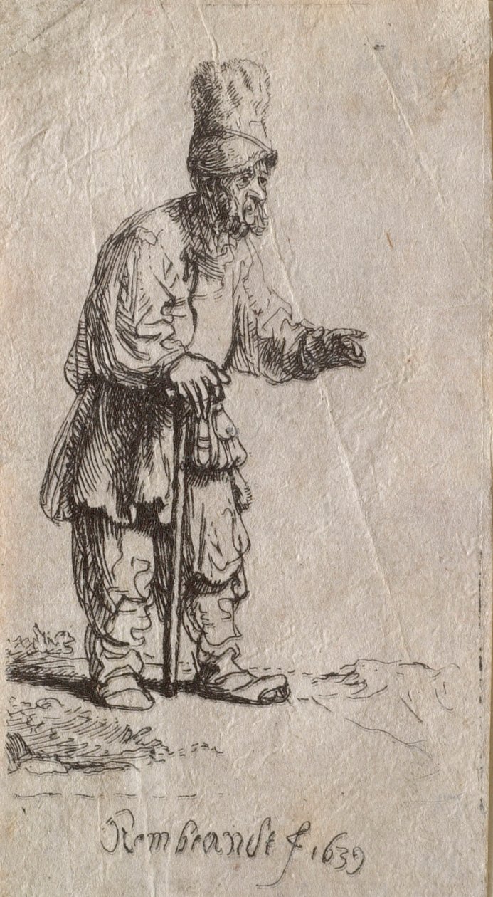 Rolník ve vysoké čepici, stojící, opírající se o hůl od Rembrandt van Rijn