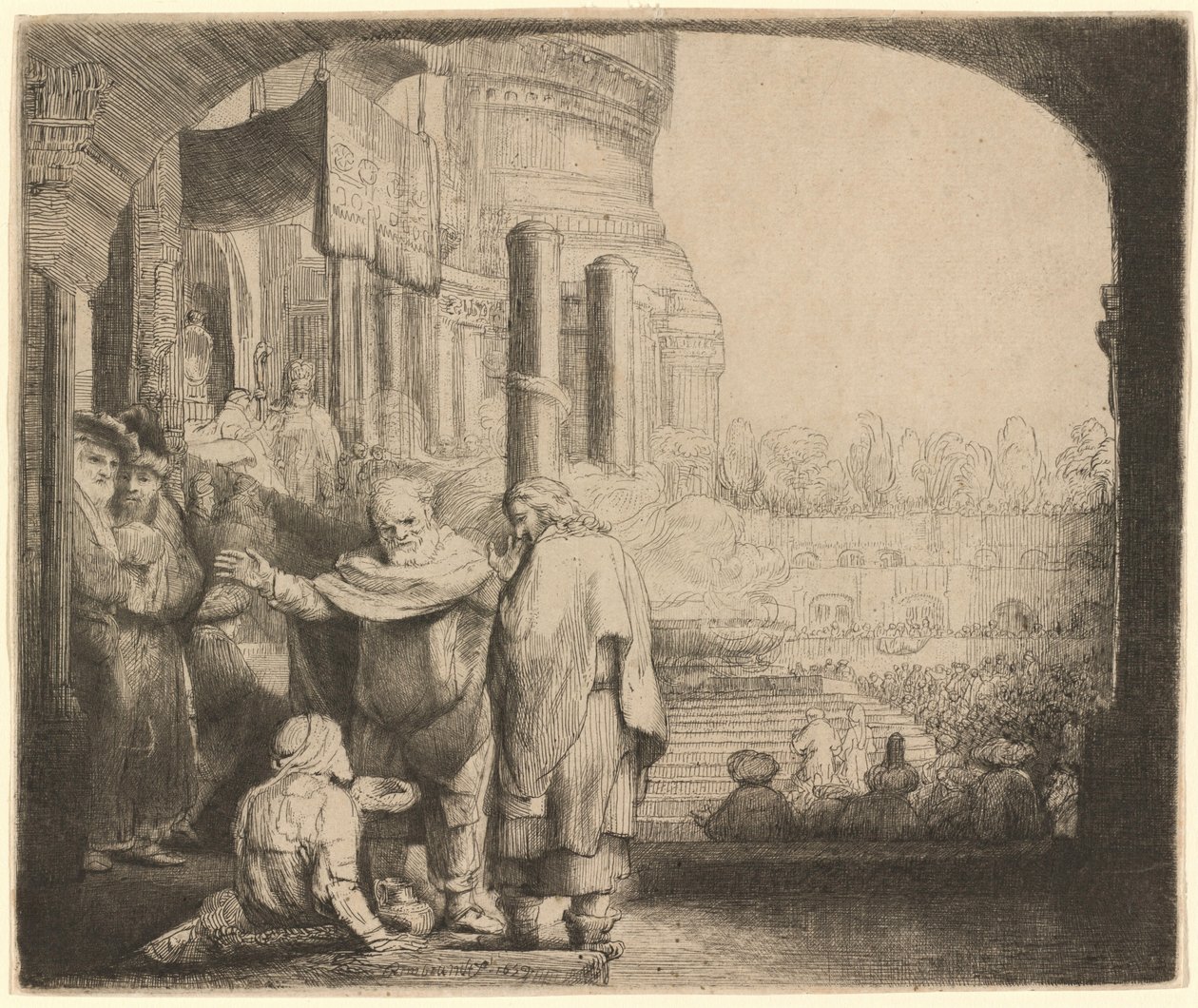 Petr a Jan uzdravují chromého u chrámové brány od Rembrandt van Rijn