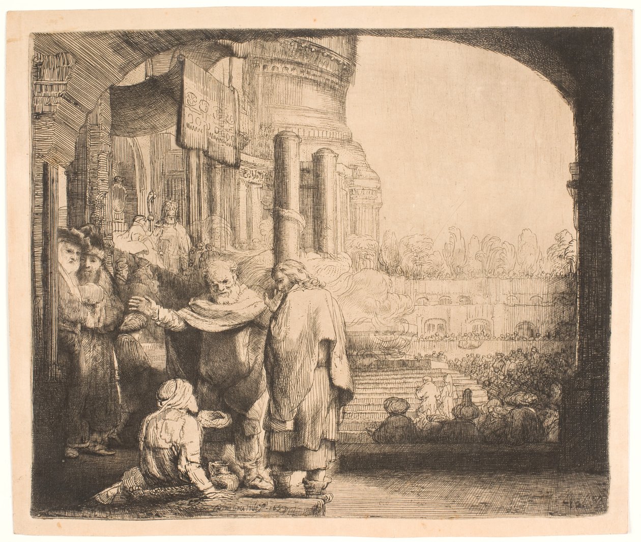 Petr a Jan uzdravující mrzáka u brány chrámu od Rembrandt van Rijn