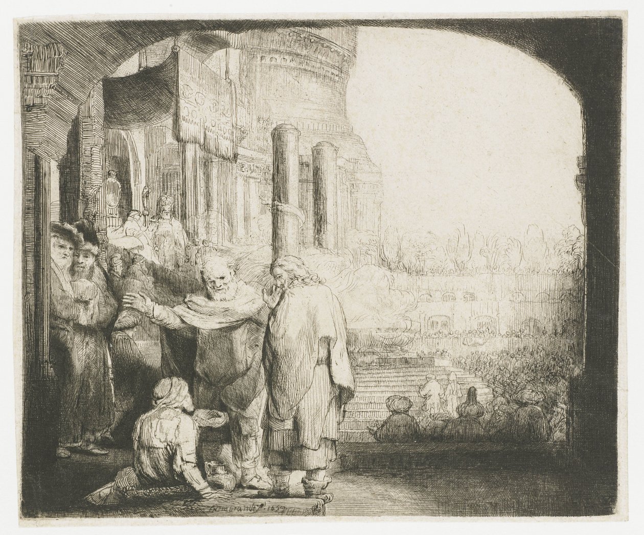 Petr a Jan uzdravující mrzáka u brány chrámu od Rembrandt van Rijn