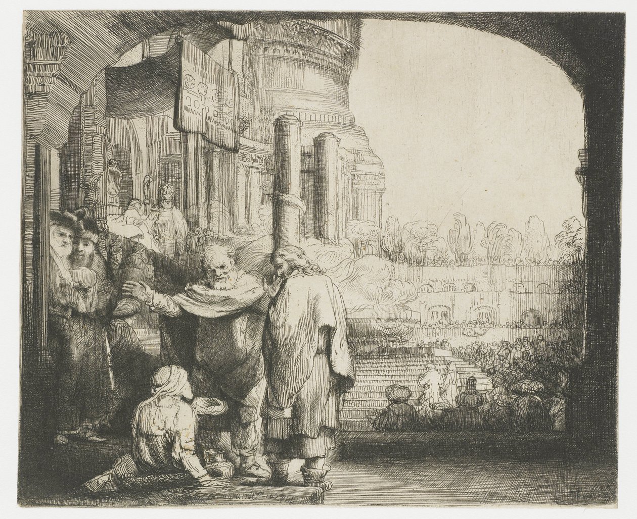 Petr a Jan uzdravující mrzáka u brány chrámu od Rembrandt van Rijn