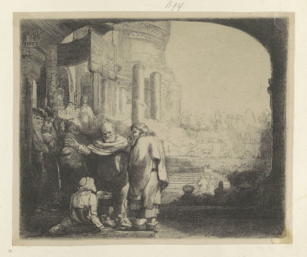 Petr a Jan léčí mrzáka u Chrámové brány Recueil de quatre-vingt-cinq estampes originales (název série) od Rembrandt van Rijn