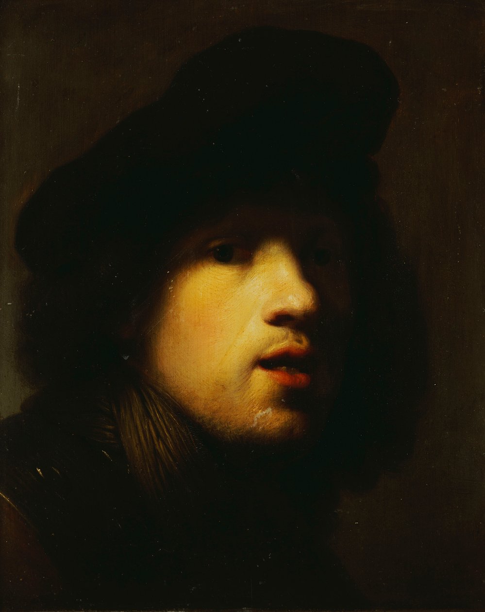 Portrét umělce, hlava a ramena, v černém baretu a rouchu od Rembrandt van Rijn