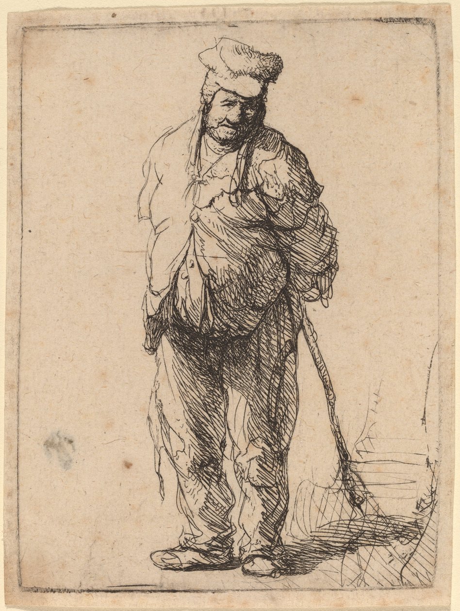 Otrhaný rolník s rukama za sebou, držící hůl od Rembrandt van Rijn