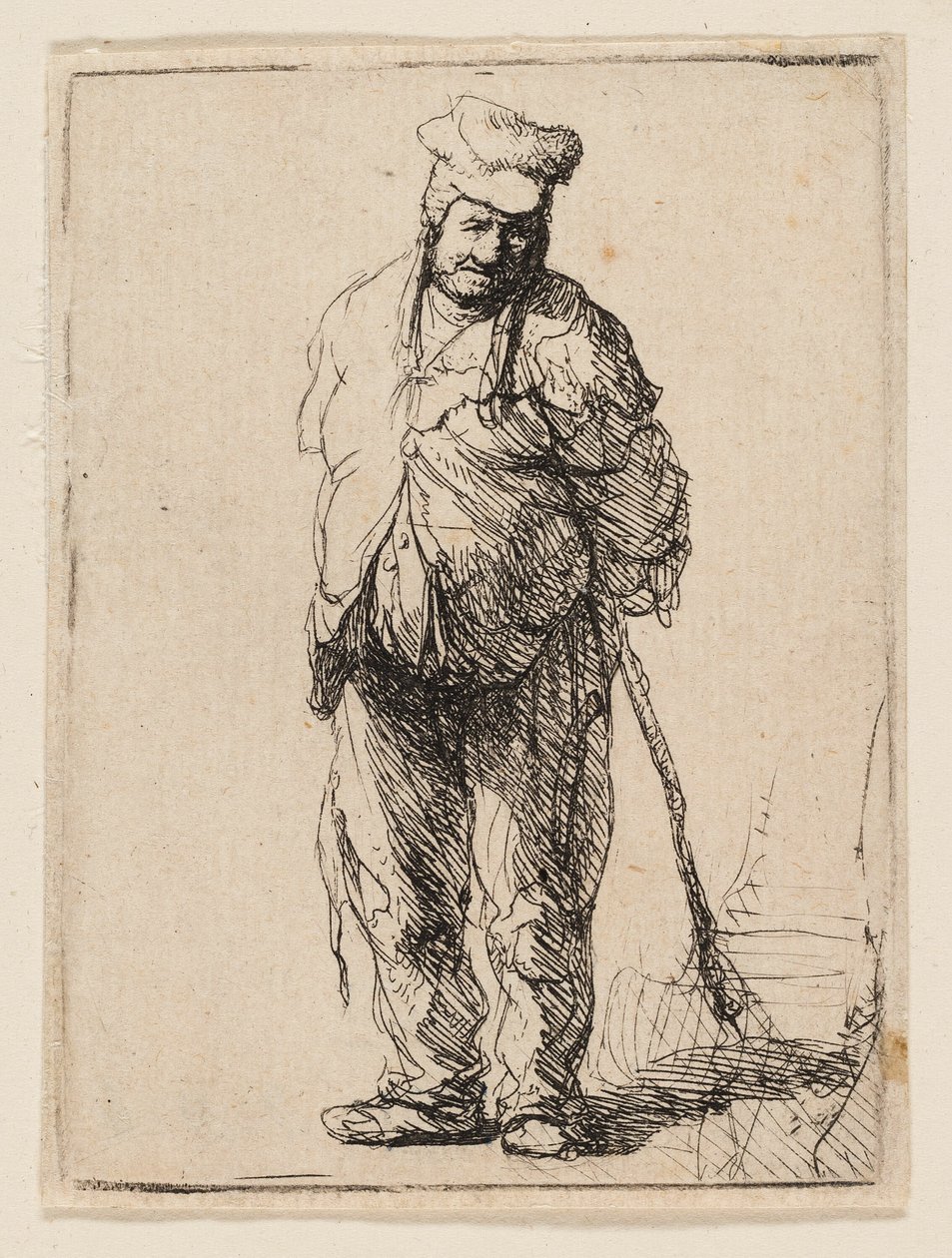 Otrhaný rolník s rukama za sebou, držící hůl od Rembrandt van Rijn