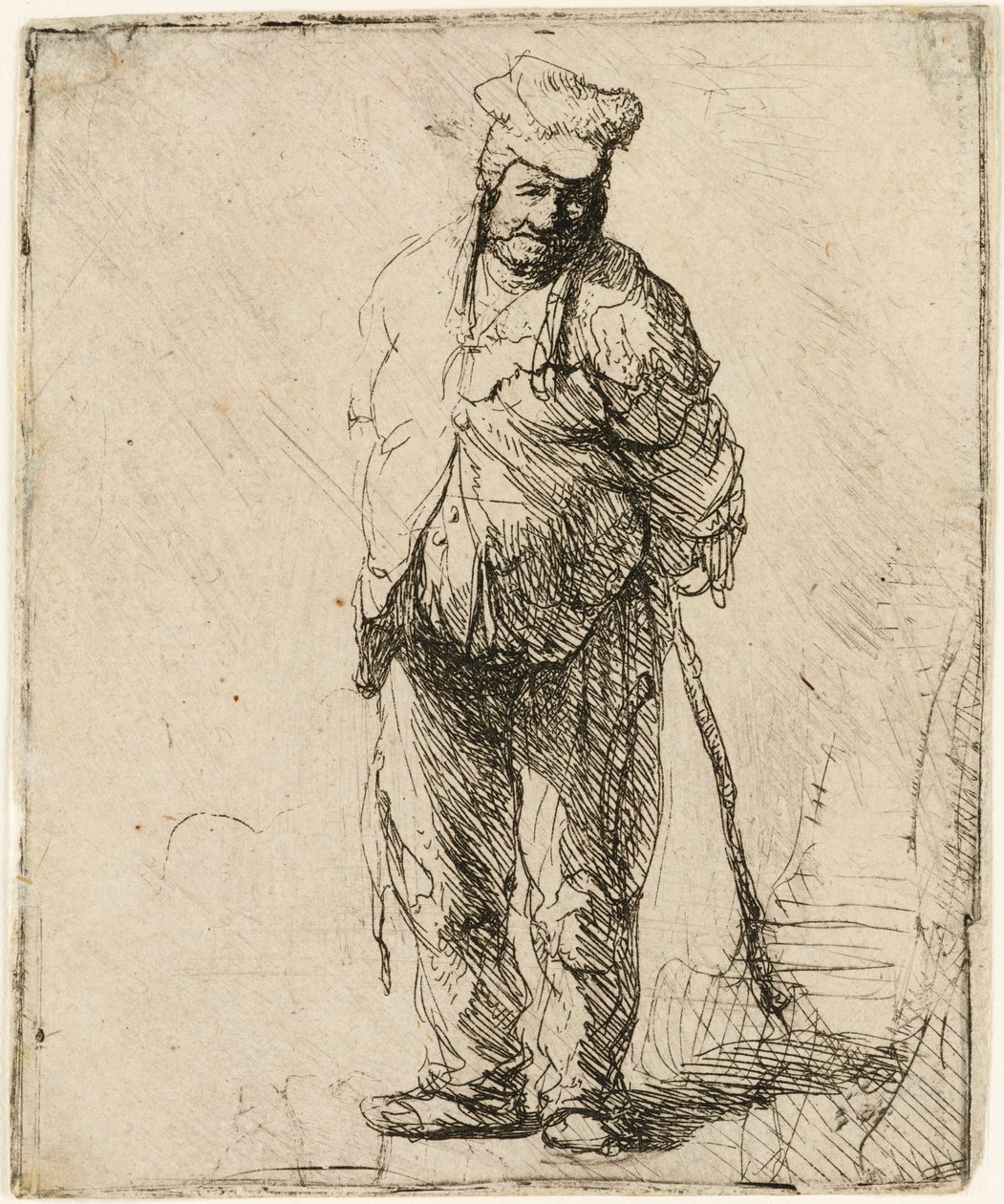 Otrhaný rolník s rukama za zády, držící hůl, kolem 1630. od Rembrandt van Rijn
