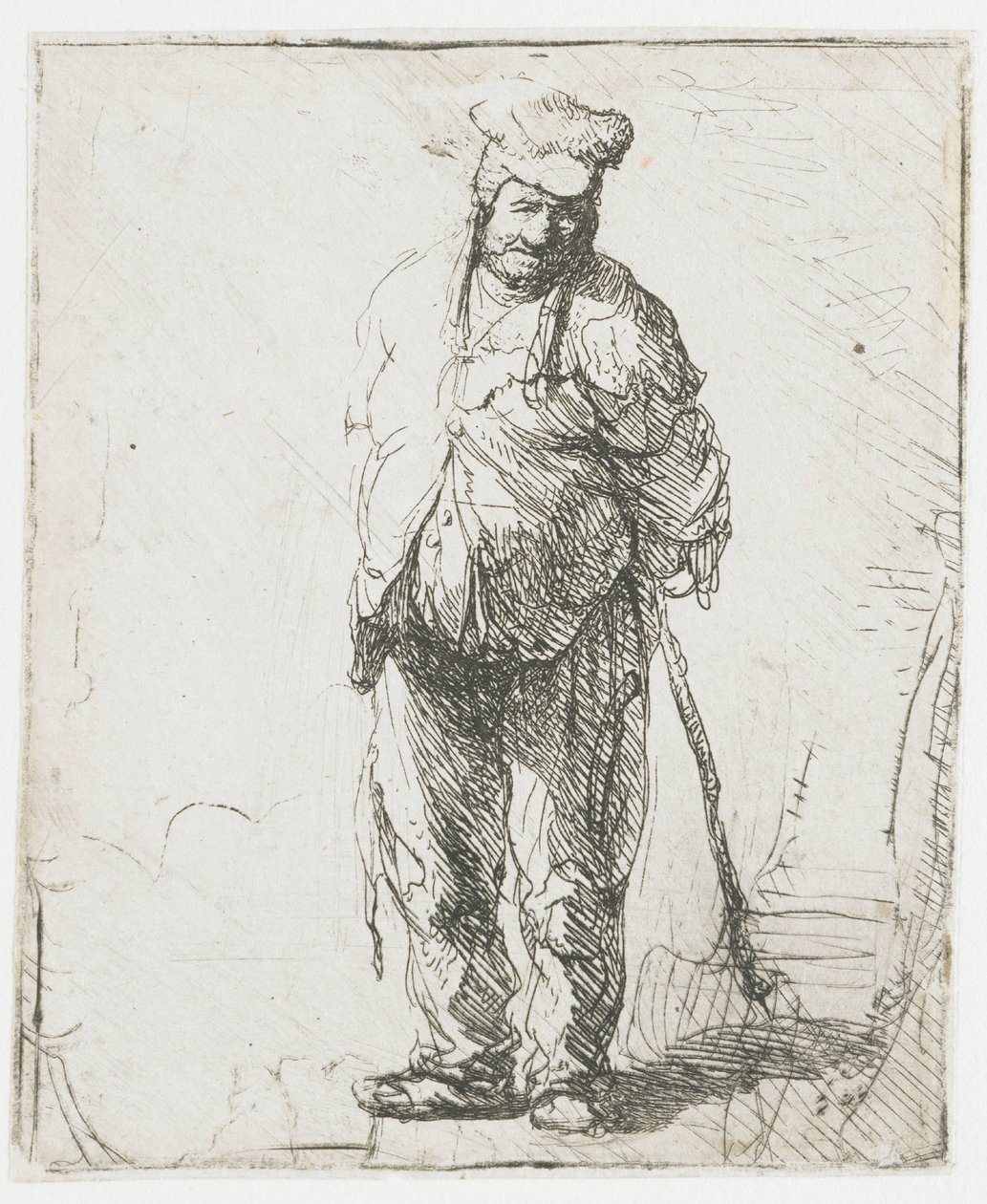 Otrhaný rolník s rukama za zády, držící hůl od Rembrandt van Rijn