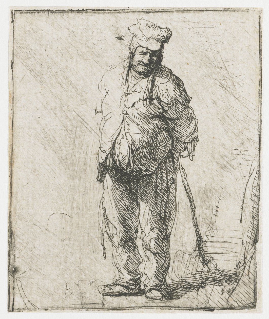 Otrhaný rolník s rukama za zády, držící hůl od Rembrandt van Rijn
