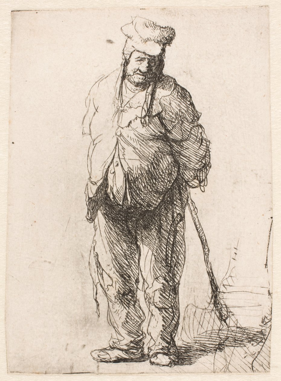 Otrhaný rolník s rukama za zády, držící hůl od Rembrandt van Rijn