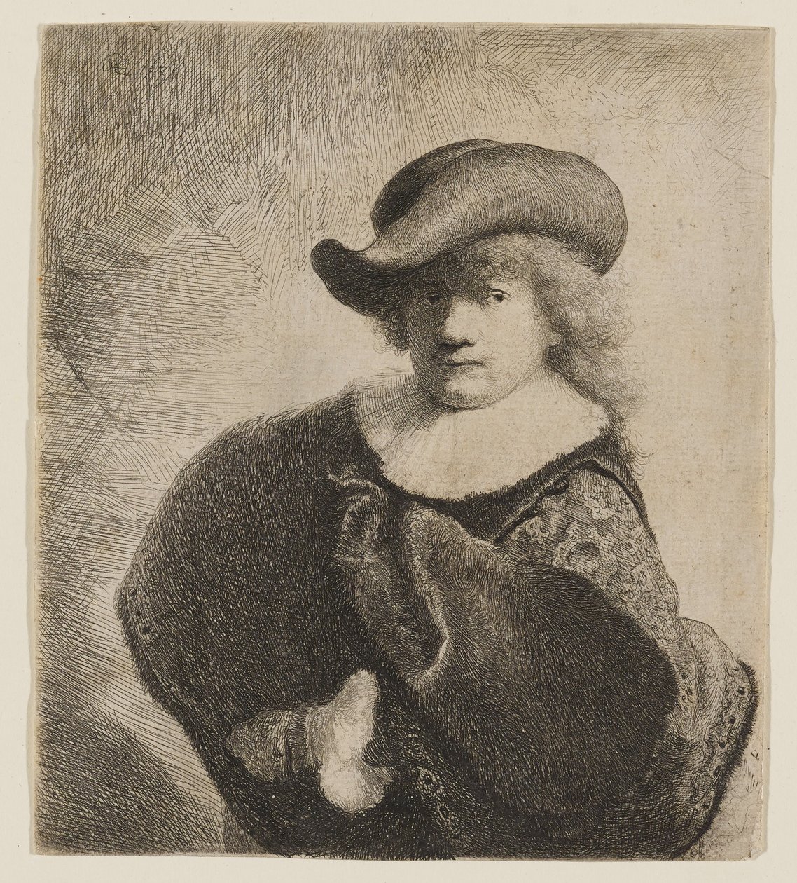 Rembrandt s měkkým kloboukem nakloněným na stranu od Rembrandt van Rijn