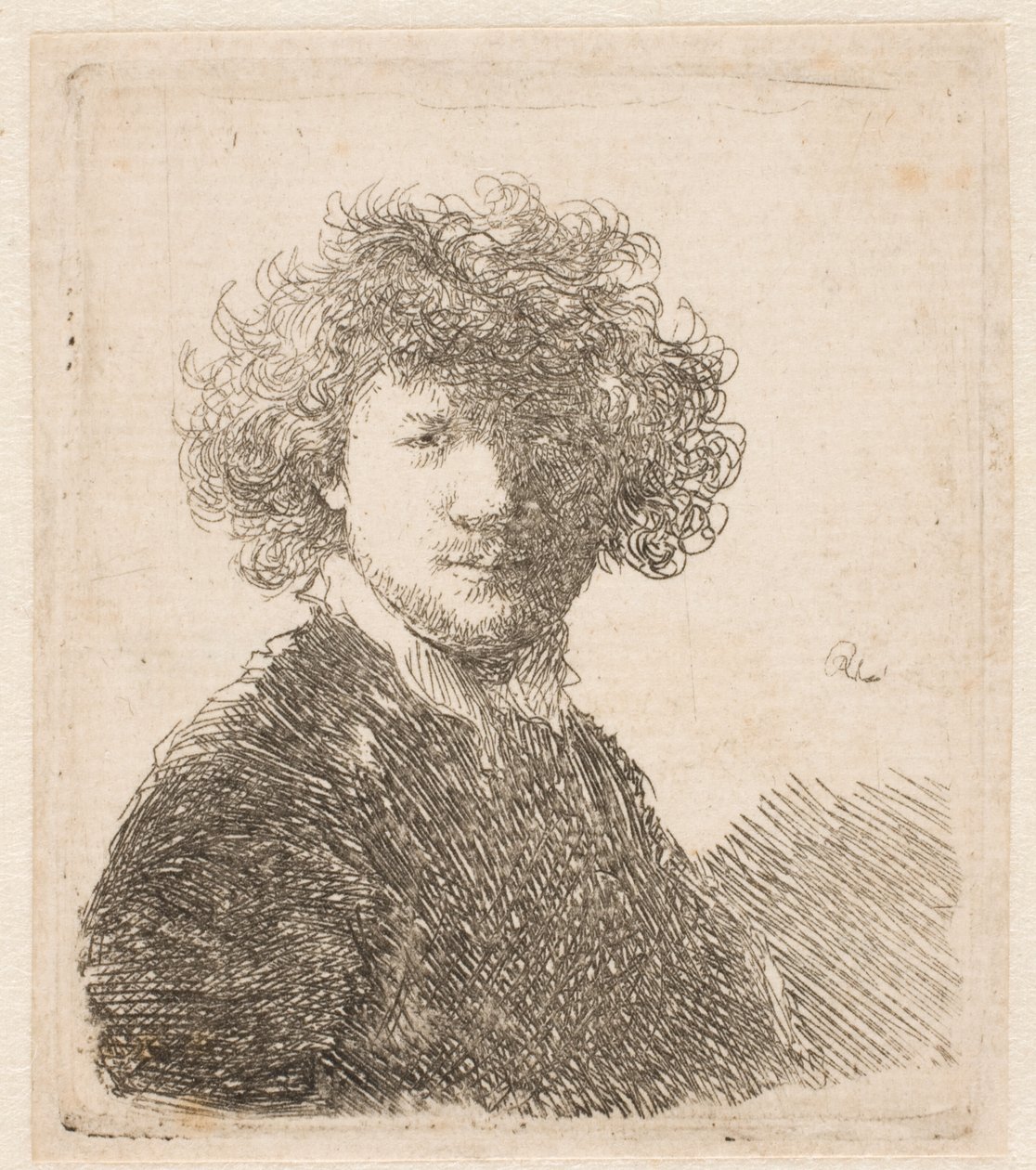 Rembrandt bez čepice, s hustými kudrnatými vlasy a malým bílým límečkem: poprsí od Rembrandt van Rijn