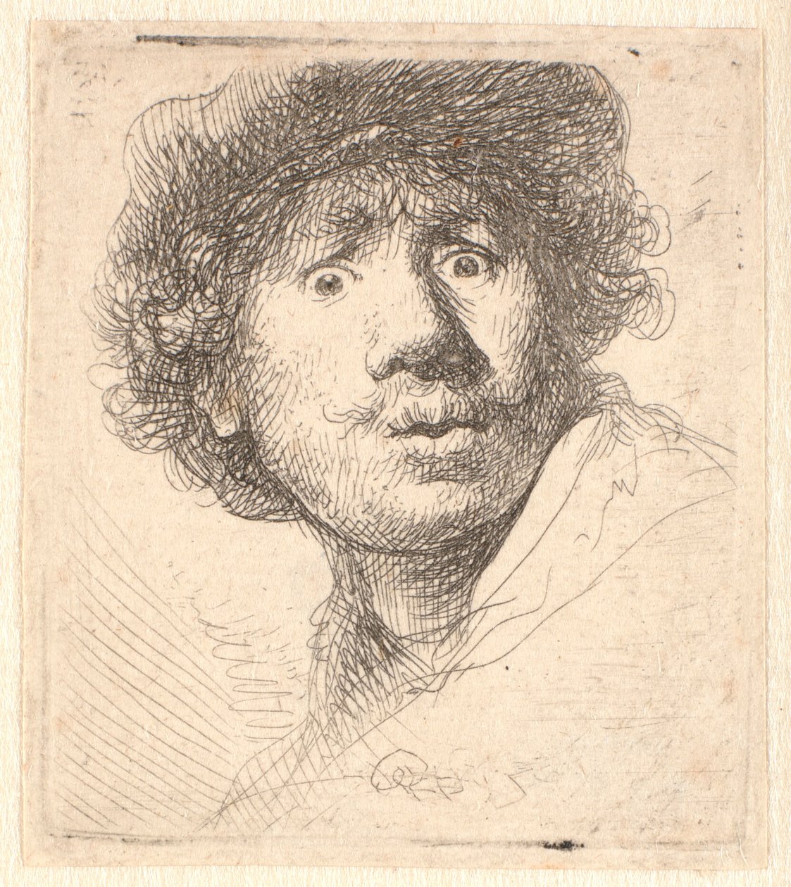 Rembrandt v čepici s otevřenými ústy a upřeným pohledem: poprsí v obrysu od Rembrandt van Rijn
