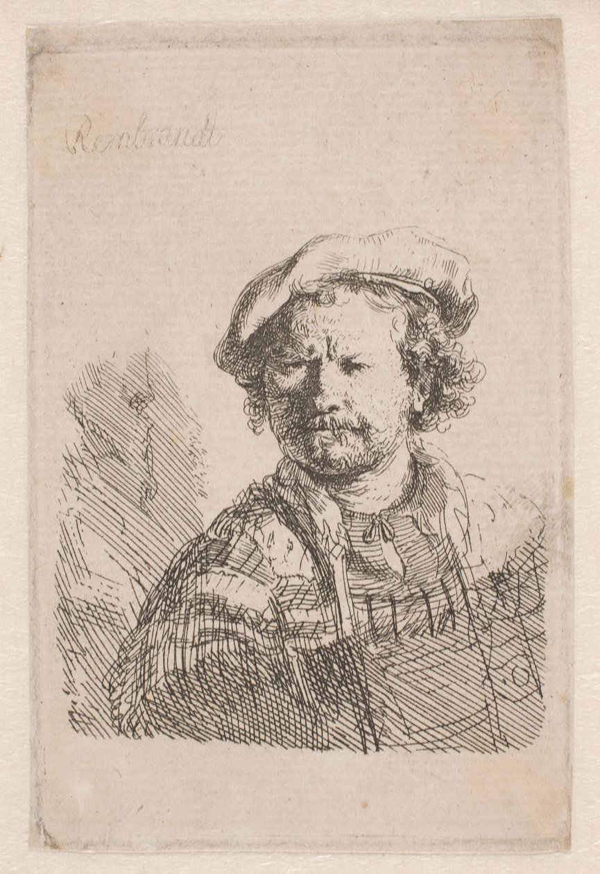 Rembrandt v ploché čepici s šátkem kolem ramen od Rembrandt van Rijn