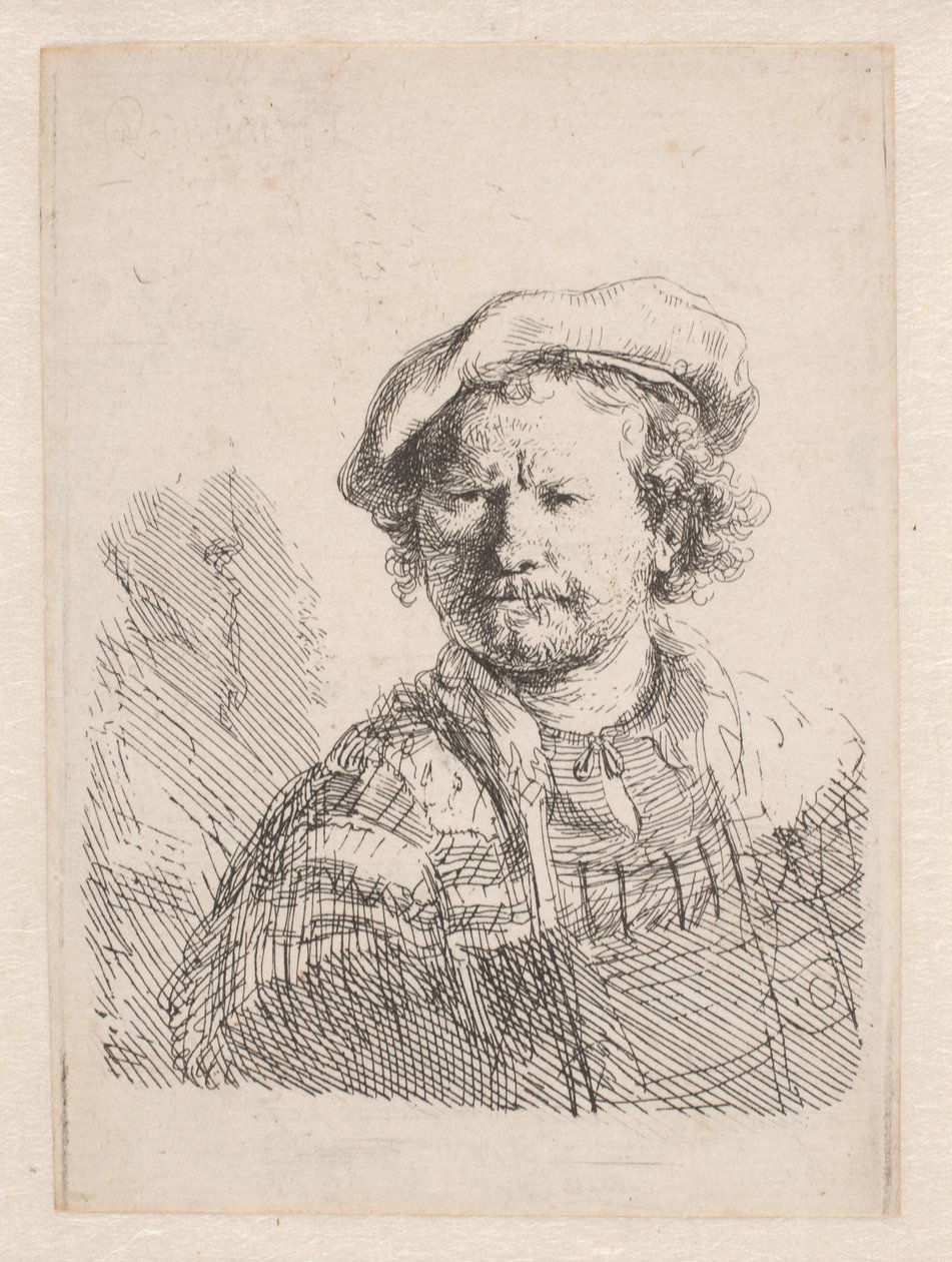 Rembrandt v ploché čepici s šátkem kolem ramen od Rembrandt van Rijn