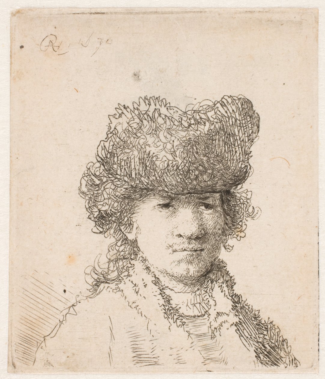 Rembrandt v kožešinové čepici: světlo dopadající na oděv: poprsí od Rembrandt van Rijn