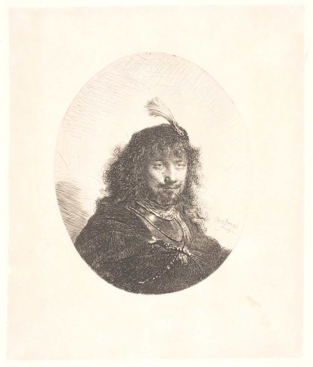 Rembrandt s čepicí s chocholem a spuštěnou šavlí: tříčtvrteční portrét; následně poprsí v oválu od Rembrandt van Rijn