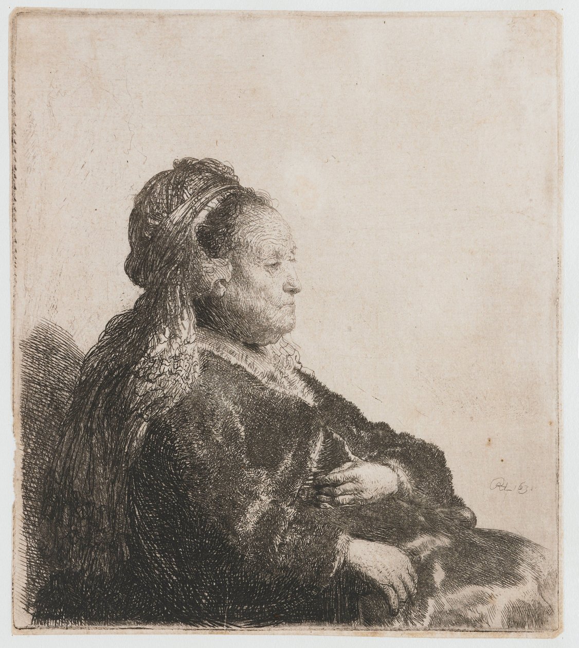 Rembrandtova matka sedí Umělcova matka seděla v orientální pokrývce hlavy: poloviční od Rembrandt van Rijn