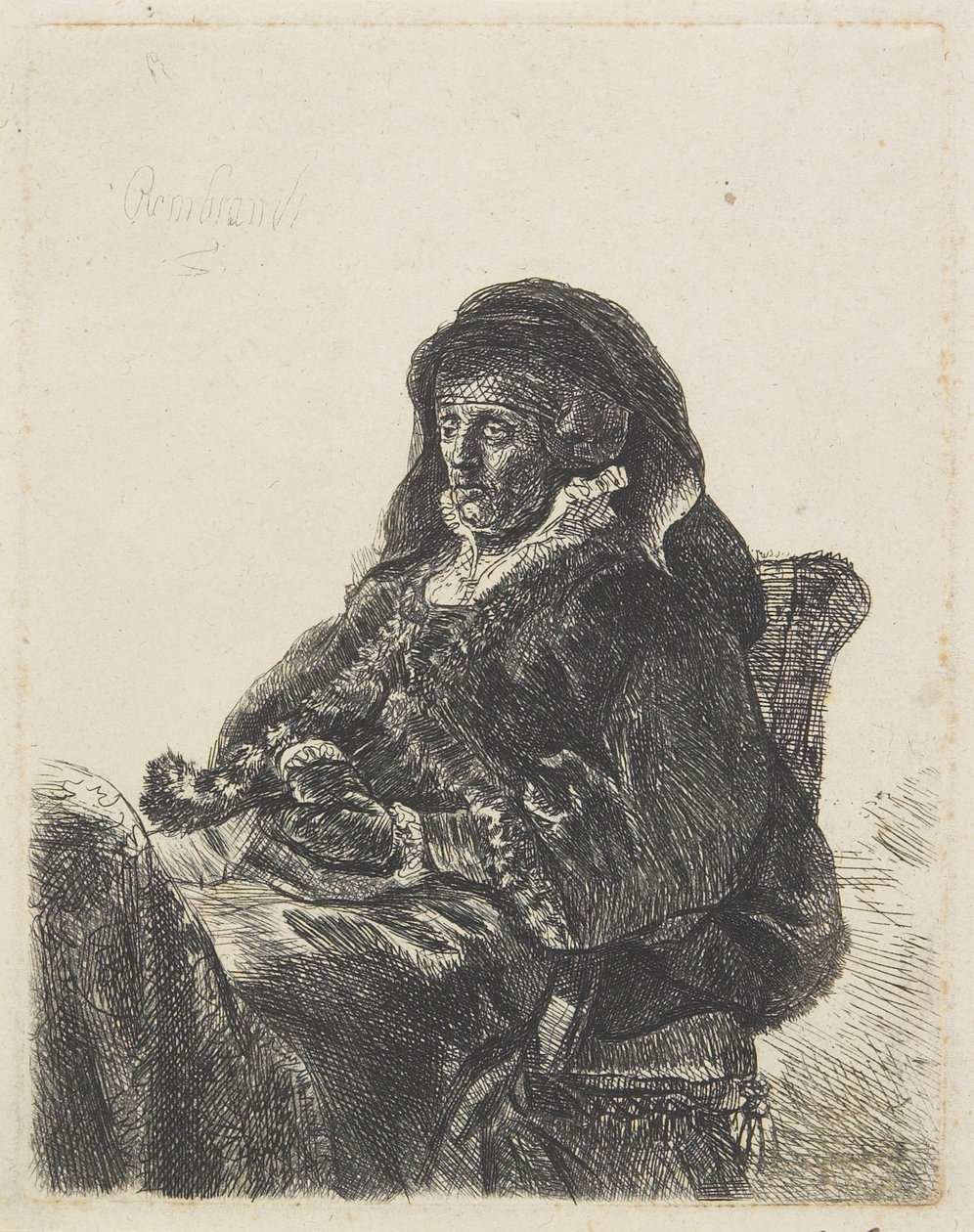 Rembrandtova Matka ve vdovských šatech a černých rukavicích, asi 1632-35 od Rembrandt van Rijn