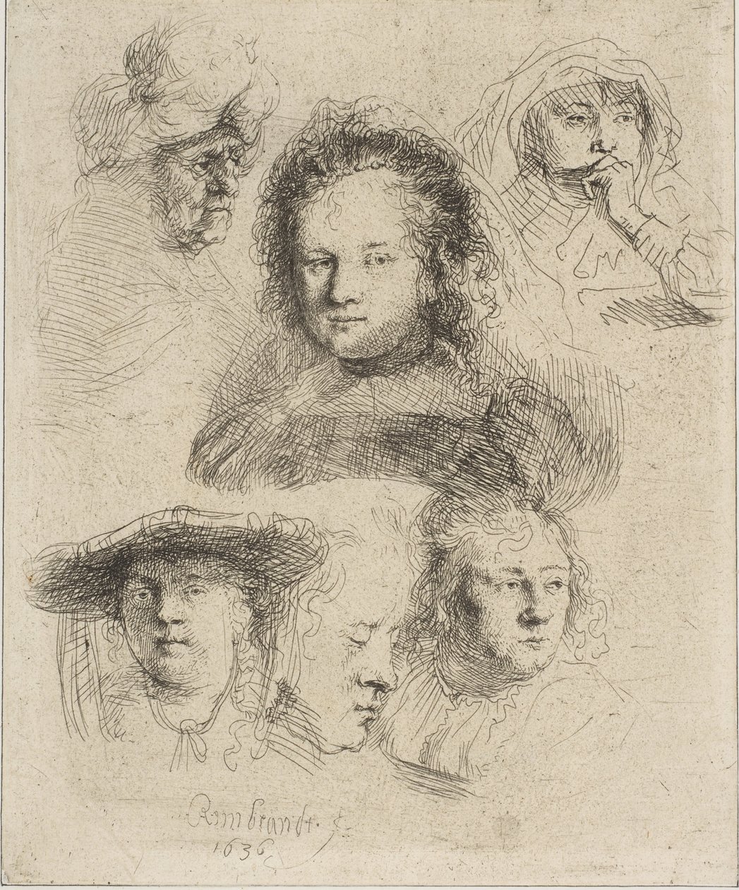 Rembrandtova žena a pět dalších hlav, 1636. od Rembrandt van Rijn