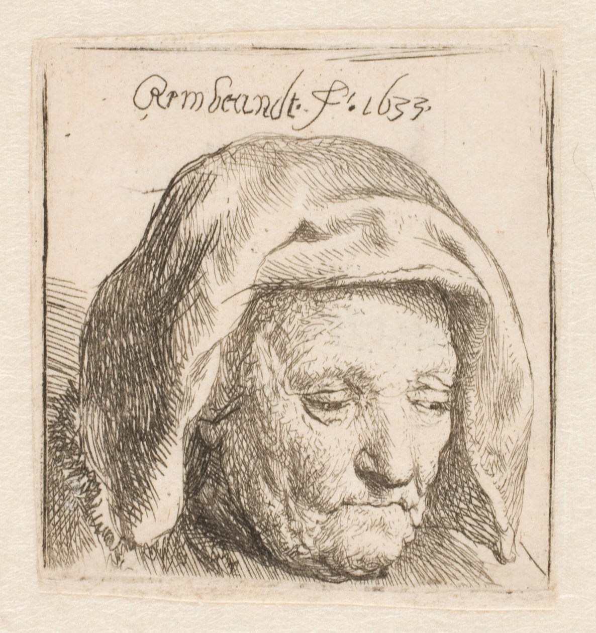 Rembrandtova matka s látkovou čelenkou, sklánějící hlavu: pouze hlava od Rembrandt van Rijn