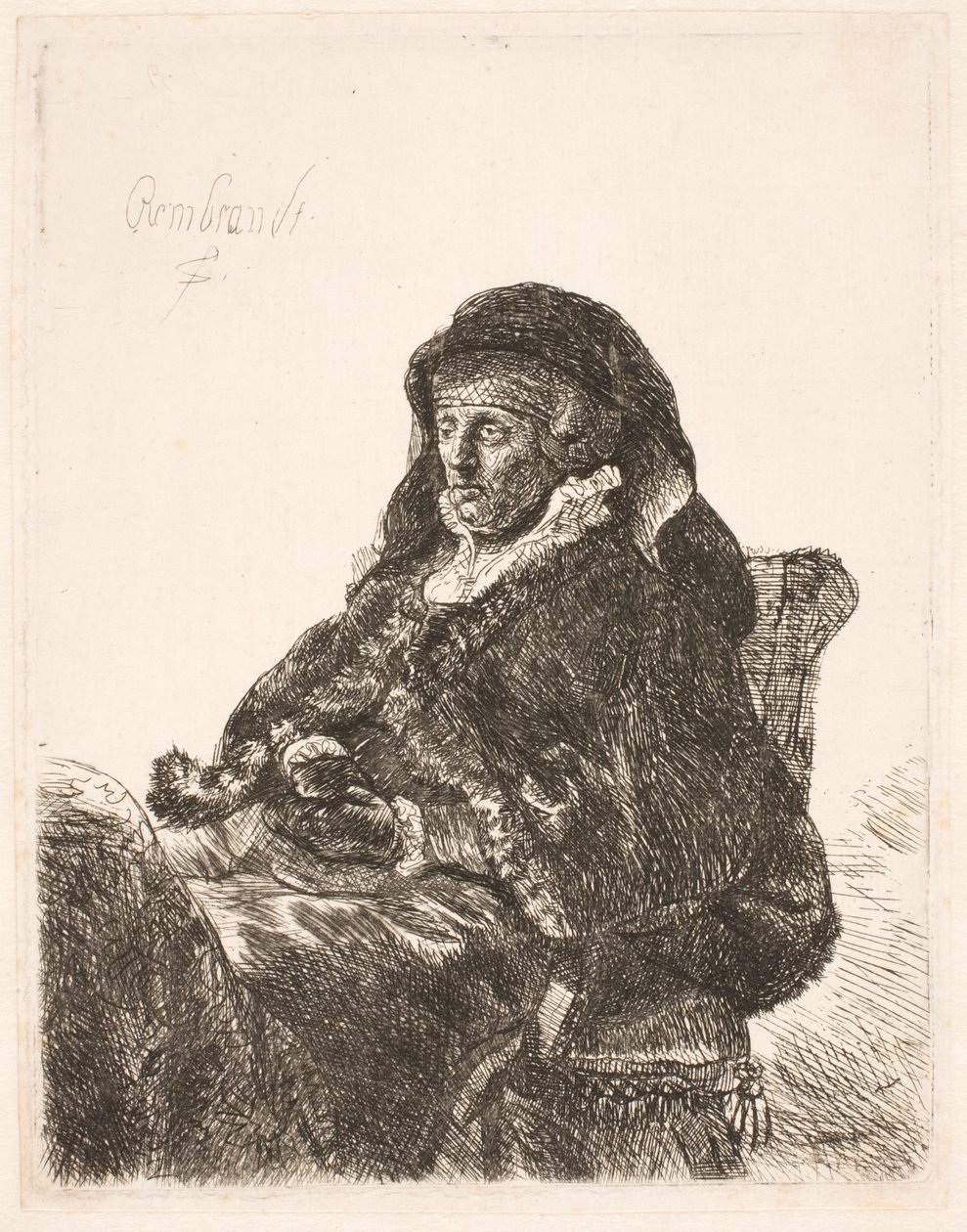 Rembrandtova matka ve vdových šatech a černých rukavicích od Rembrandt van Rijn