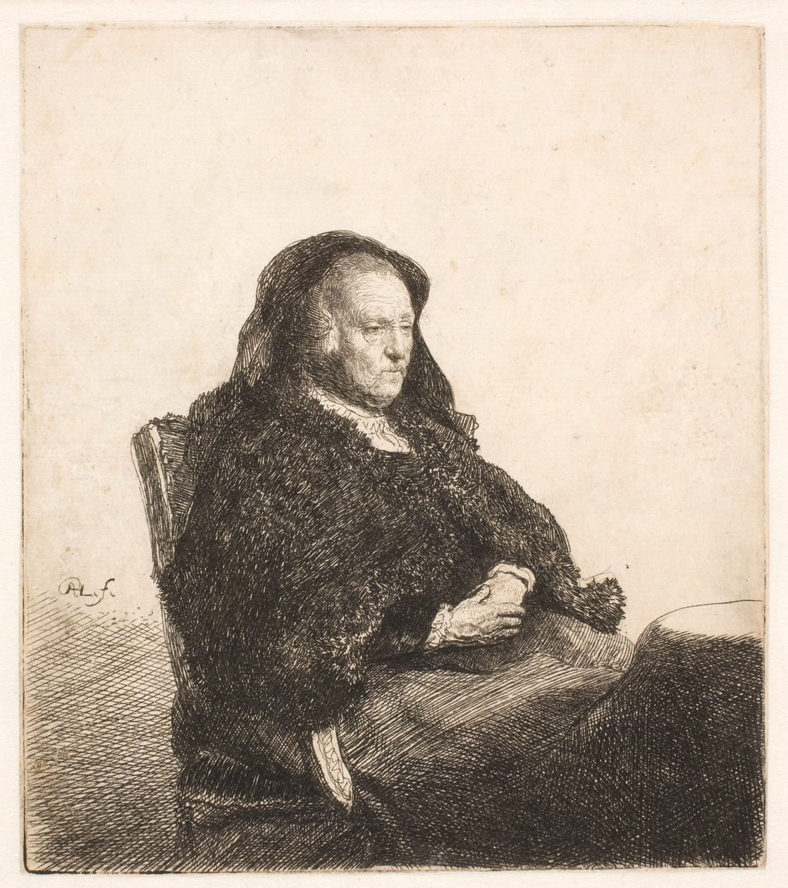 Rembrandtova matka sedící u stolu a dívající se doprava: v tříčtvrtečním profilu od Rembrandt van Rijn