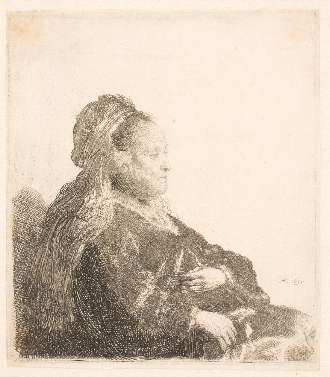 Rembrandtova matka seděla čelem doprava, v orientální pokrývce hlavy: polodlouhá, ukazující ruce od Rembrandt van Rijn